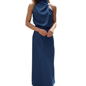 BTFBM Cocktail Dresses for Women Satin Silk Sleeveless Mock Neck High Waist Maxi